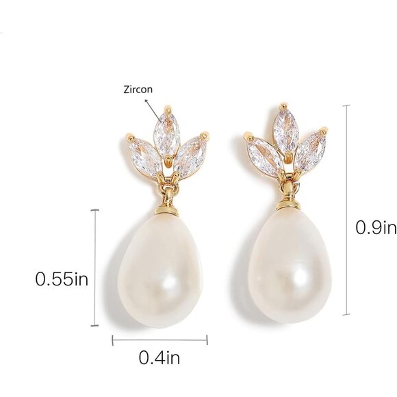 14K Gold Plated Pearl Drop Earrings for Women with Cubic Zirconia Wedding Gift - Picture 6 of 6